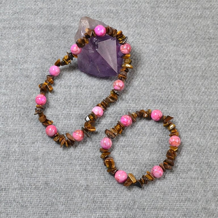 Bracelet and Anklet Set – Tiger’s Eye Chip and Pink (dyed) Stone Beads