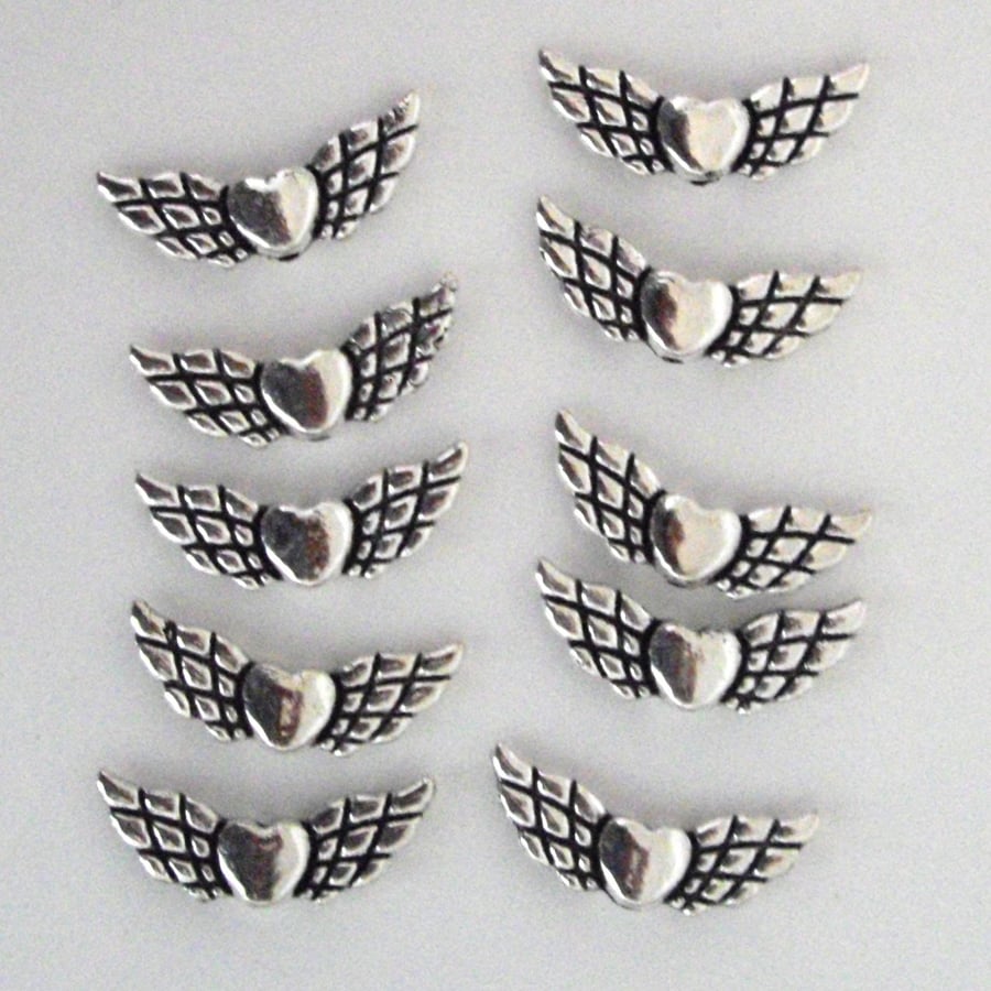 10 x Winged 'Angel' Heart Spacer Charms