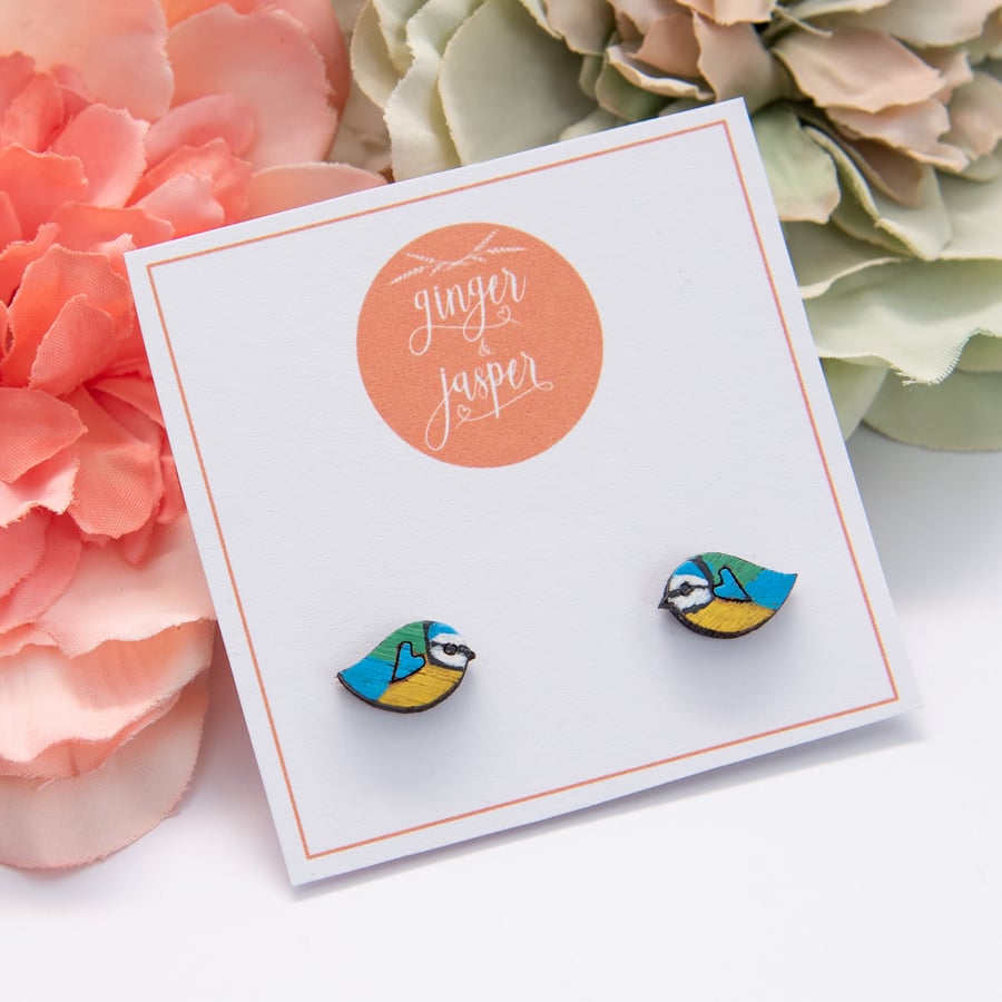 Hand Painted Wooden Blue Tit Earrings, Bird Stud Earrings, Blue Tit Studs