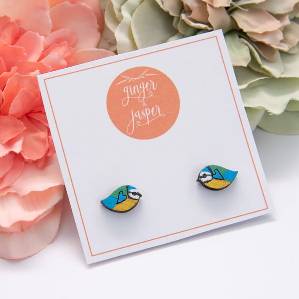 Hand Painted Wooden Blue Tit Earrings, Bird Stud Earrings, Blue Tit Studs