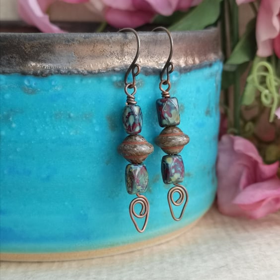 Rustic Czech glass bead earrings with copper wire, dark red and brown