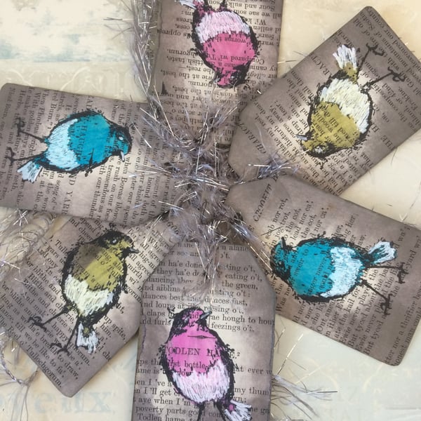 Robin Gift Tags, hand coloured, Set of 6.