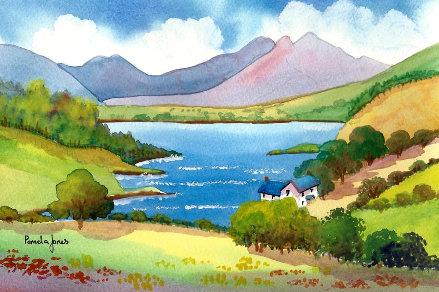 Snowdonia Landscape, North Wales - Watercolour Print in 9 x 7'' Mount