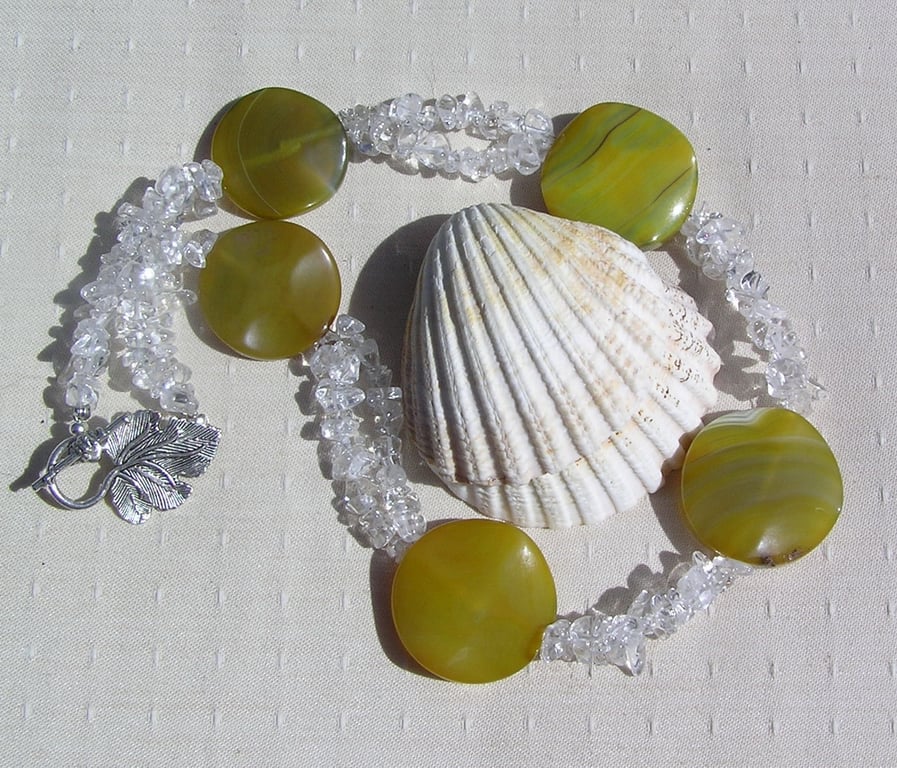 SALE - Clear Quartz & Agate Gemstone Chunky Statement Necklace "Lichen Dew"