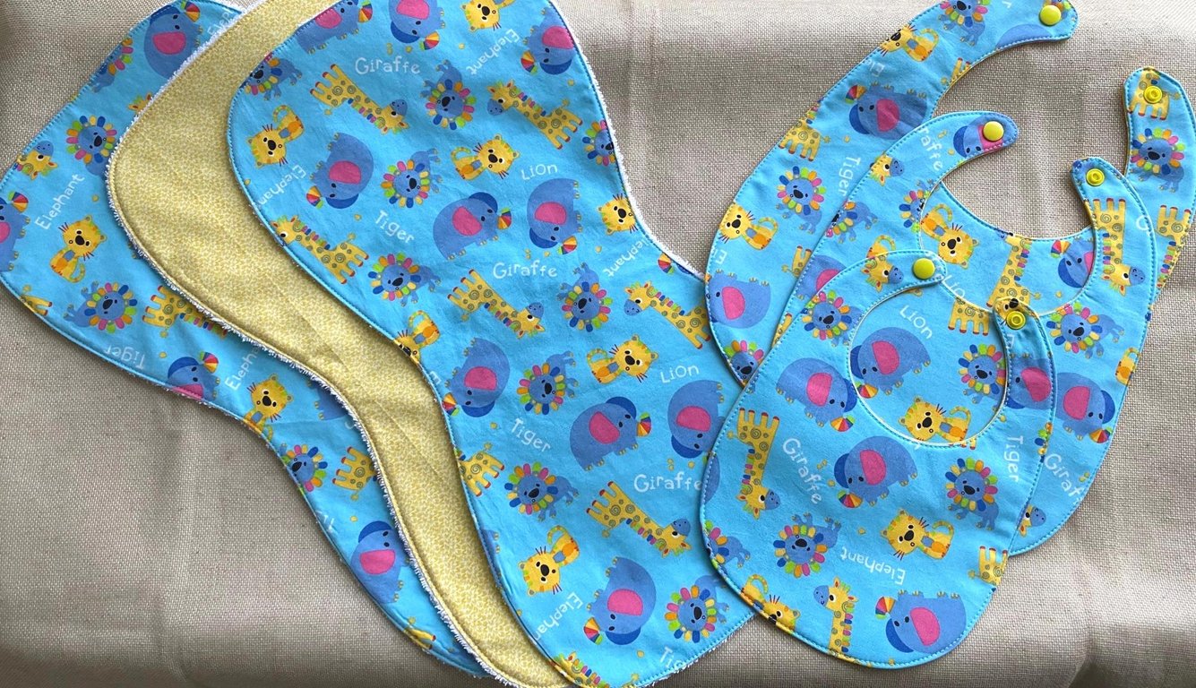Handmade baby gift set safari animals bibs and burp cloths cotton