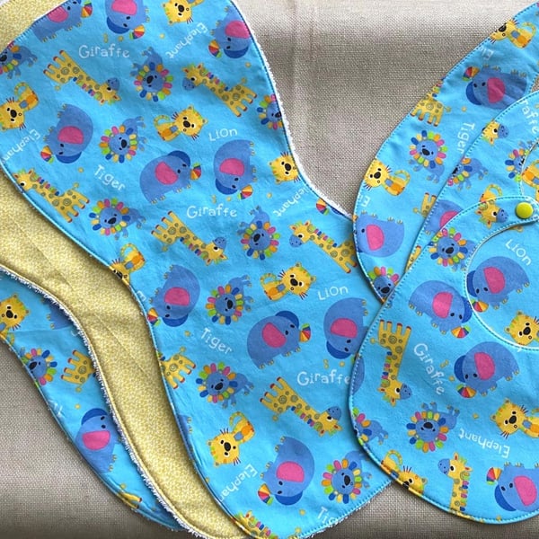 Handmade baby gift set safari animals bibs and burp cloths cotton