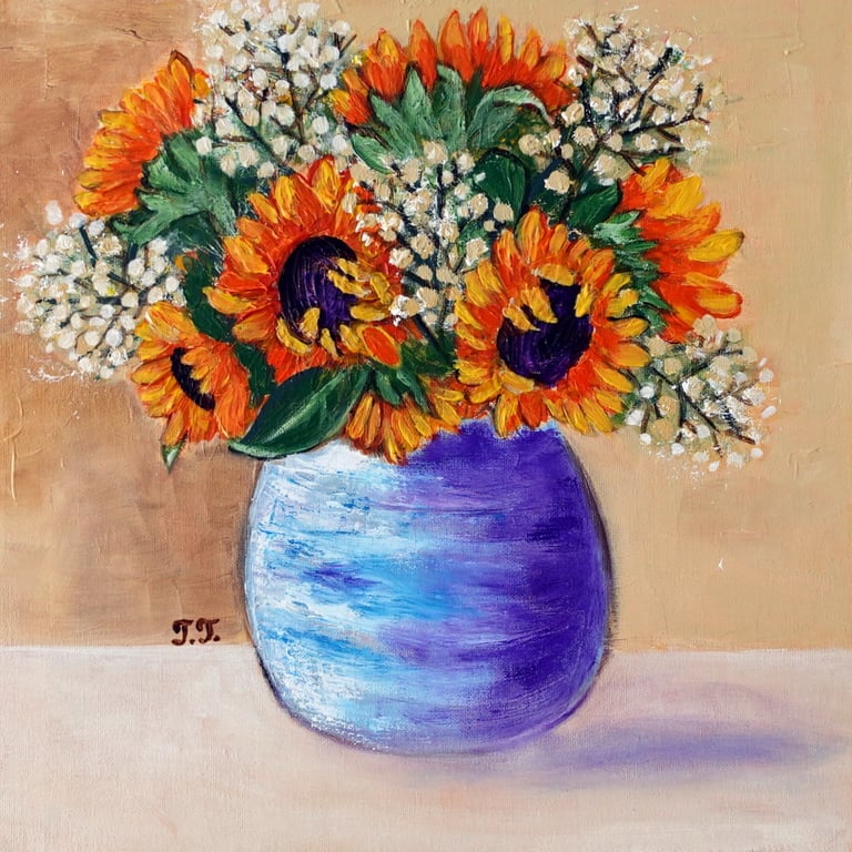 Sunflowers Still Life Painting, Original Flower Artwork in Acrylic on Canvas