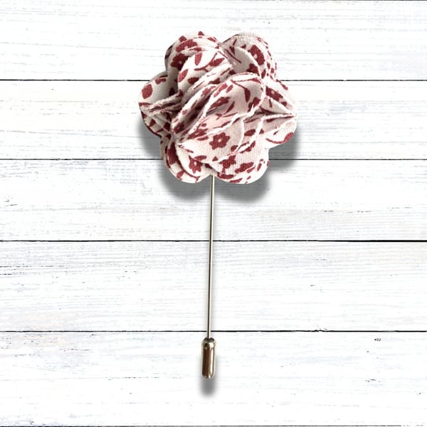 Flower Lapel Pin - White Red Floral Fabric, Perfect for Wedding 