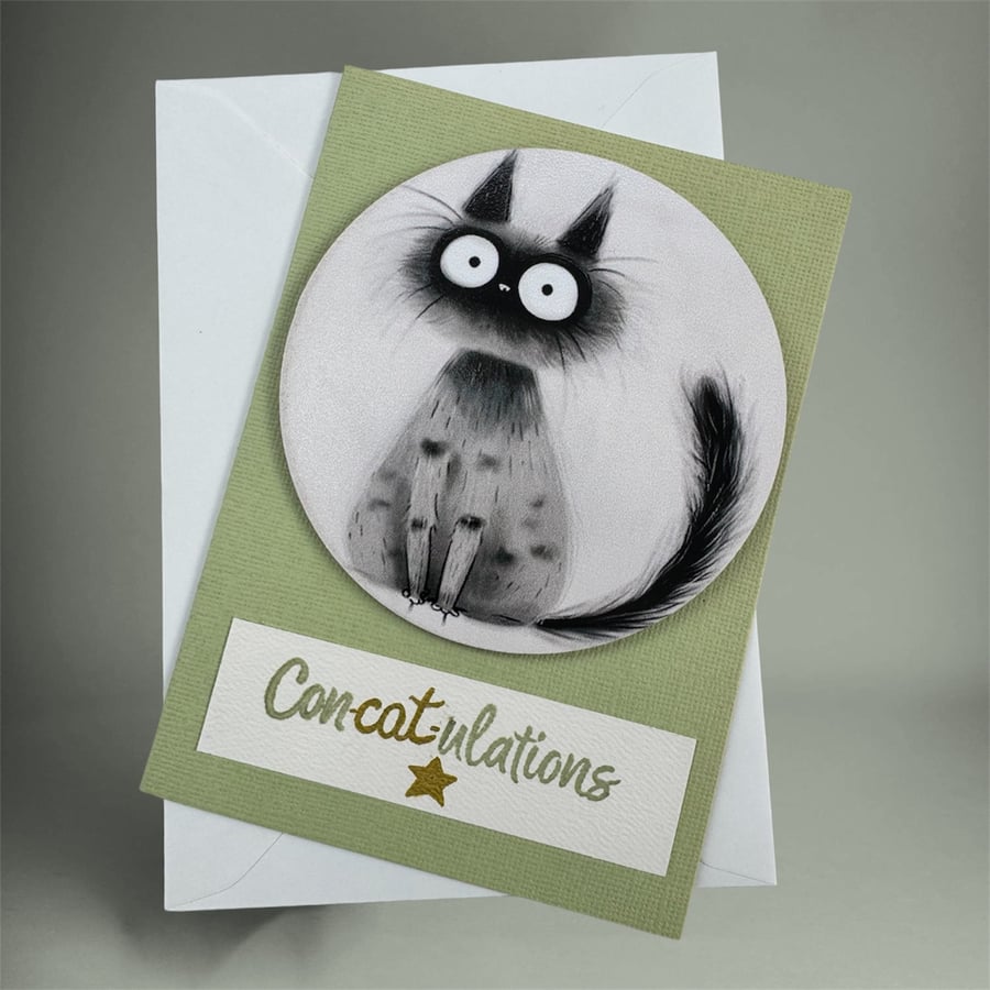 Congratulations card with a wooden cute cat coaster, new job, exam success 