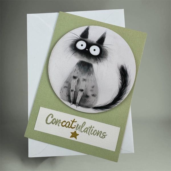 Congratulations card with a wooden cute cat coaster, new job, exam success 