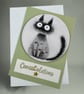Congratulations card with a wooden cute cat coaster, new job, exam success 