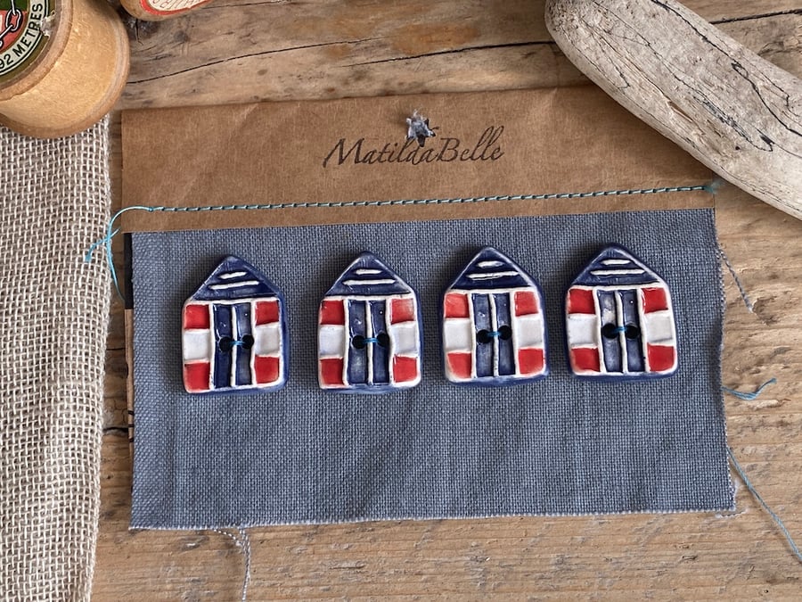 Handmade Ceramic Beach Hut Buttons set of Four