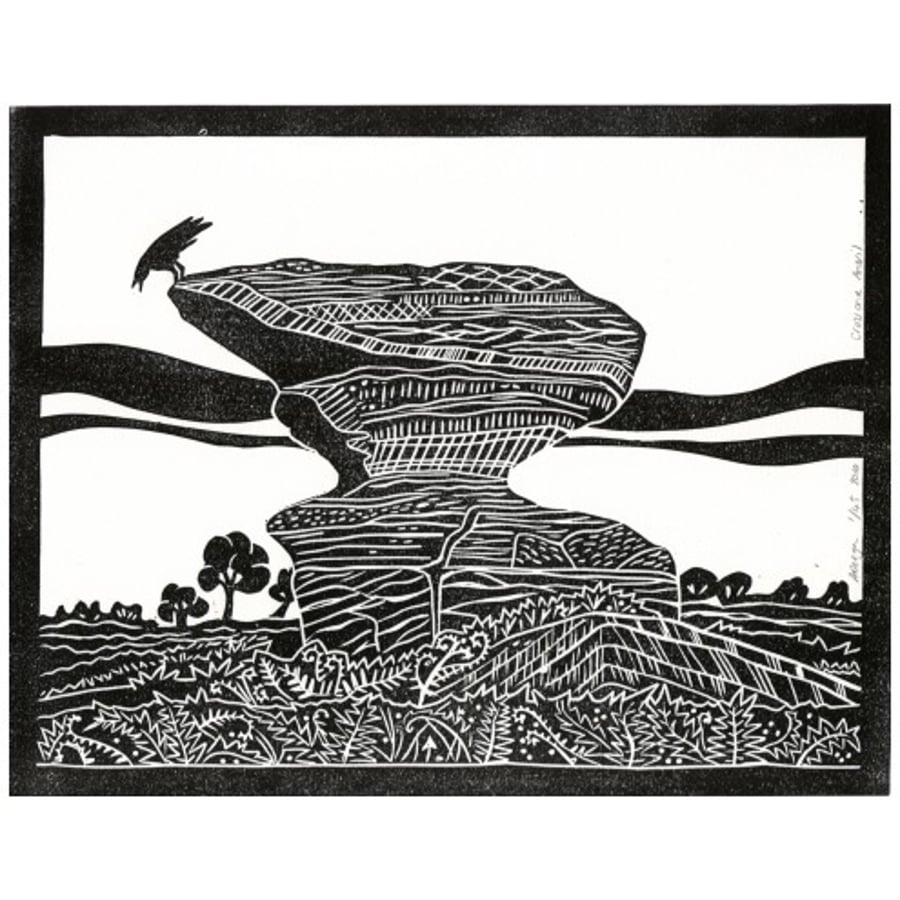 Original lino cut print "crow and anvil"
