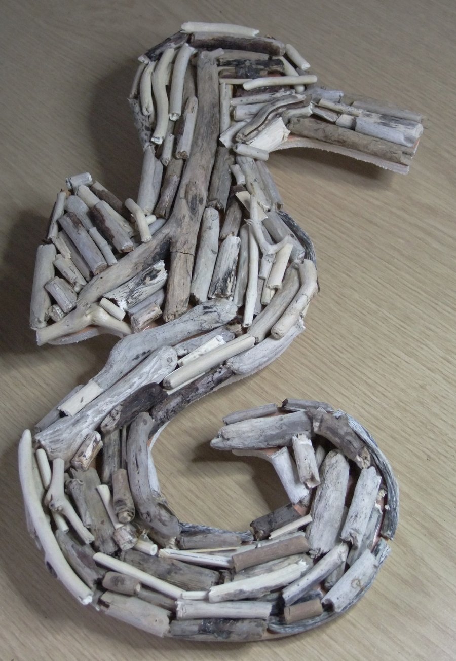 Seahorse wallhanging decoration made from Cornish reclaimed driftwood.