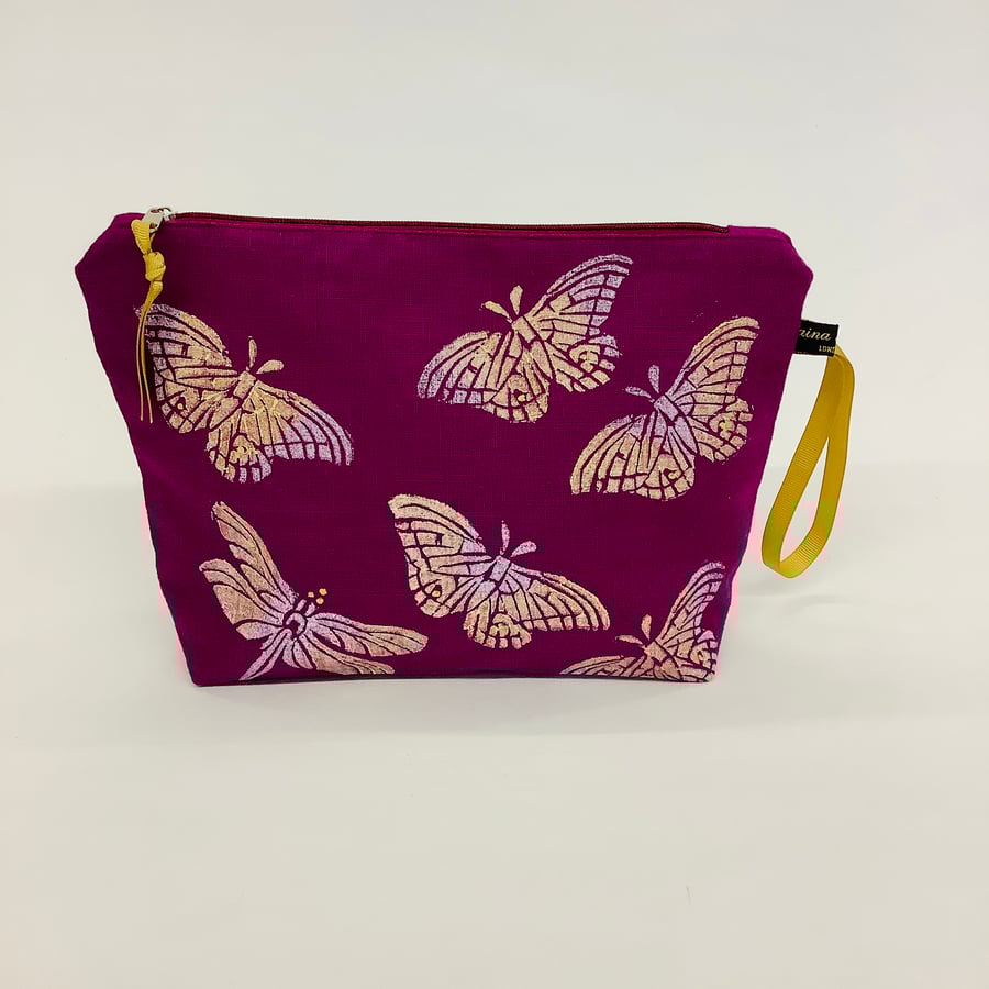 Magenta Butterflies and Dragonflies linen makeup bag 