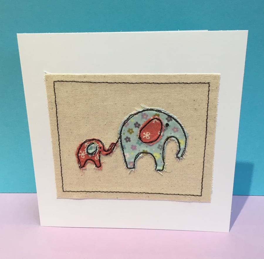 Elephant Card - Cute machine embroidered Elephants