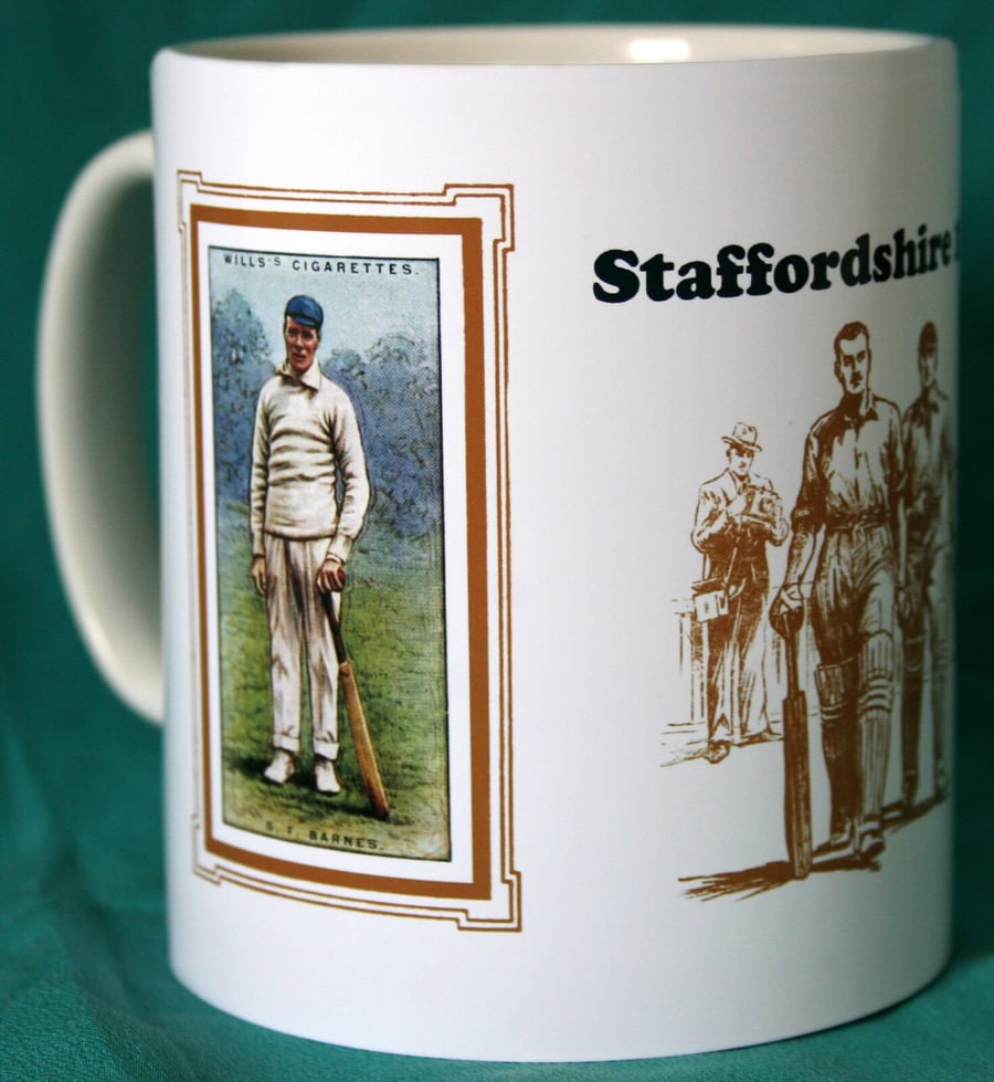 Cricket mug Staffordshire 1929 cricket counties S F Barnes vintage design mug