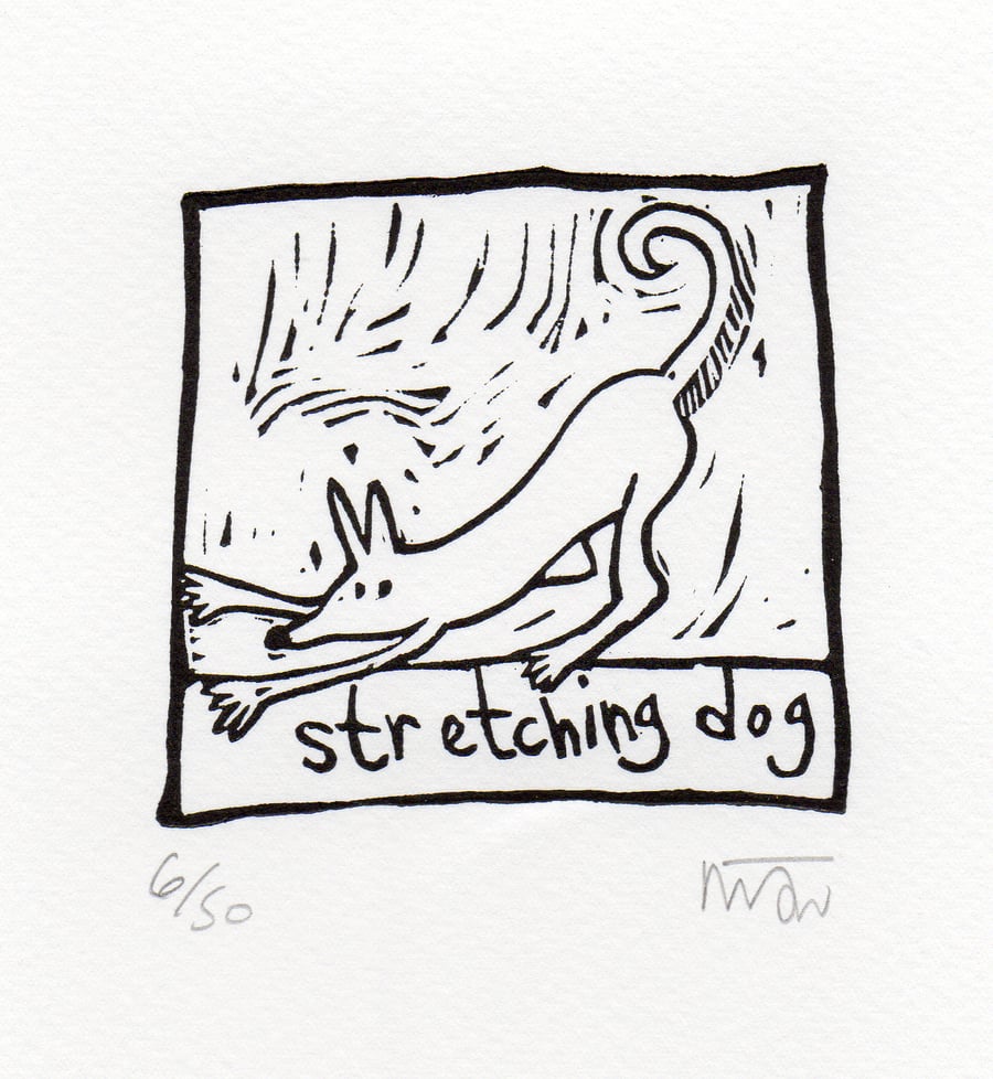 Stretching Dog, original lino print