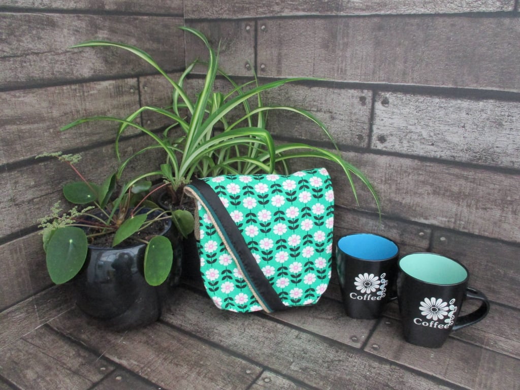 Upcycled Coffee Sack-Mini Shoulder Bag-Green floral