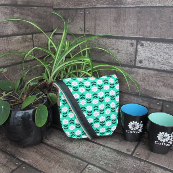 Upcycled Coffee Sack-Mini Shoulder Bag-Green floral