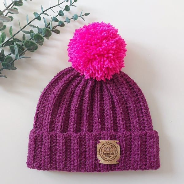 2-4 years toddler purple and pink winter hat beanie, purple 2 year old hat, purp