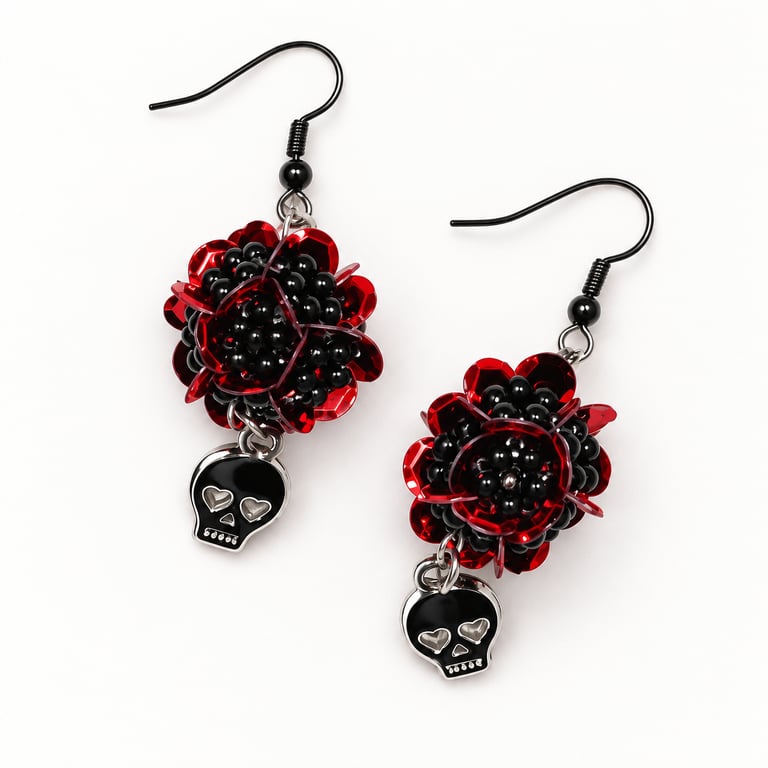 Gothic Black & Red Beaded Flower Earrings – Halloween Drop Earrings with Skulls