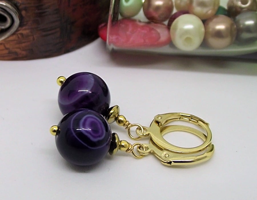 Earrings gold hoop with purple agate gemstone