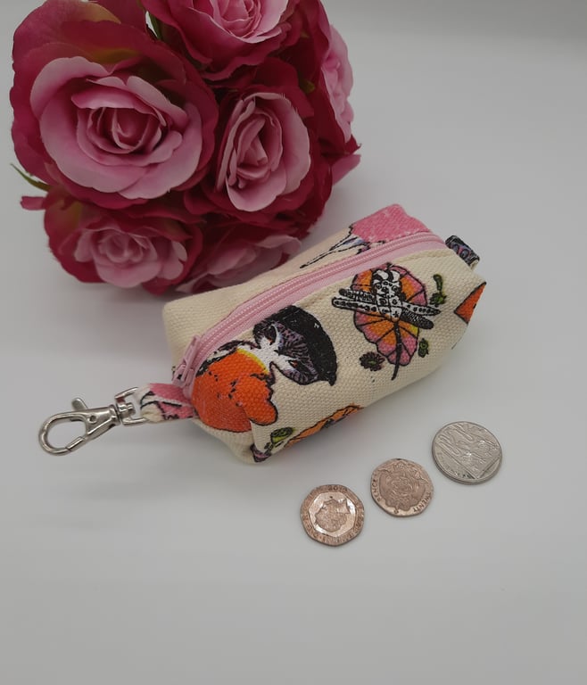 Keyring bag charm, boxed purse pouch in crazy cats fabric.  