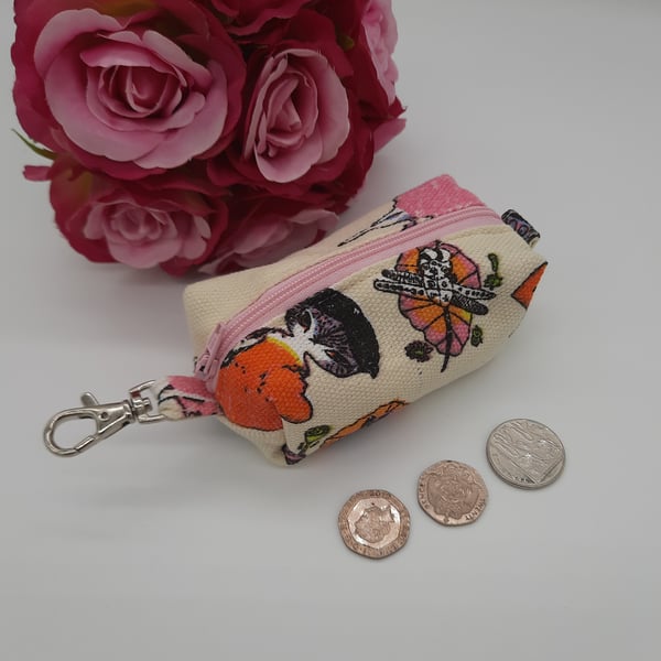 Keyring bag charm, boxed purse pouch in crazy cats fabric.  
