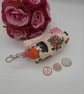 Keyring bag charm, boxed purse pouch in crazy cats fabric.  