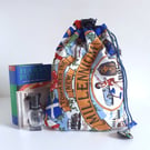 Millennium drawstring bag upcycled from a vintage tea towel of famous C20th folk