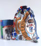 Millennium drawstring bag upcycled from a vintage tea towel of famous C20th folk