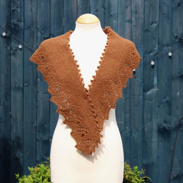 Hand knit natural coloured Alpaca wrap with beaded edging - Design S145