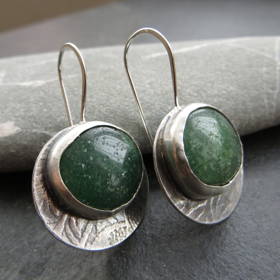 Green aventurine and silver earrings, Textured sterling disc earrings