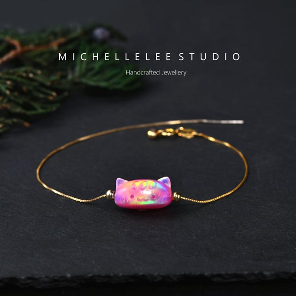 Large Pink Opal Cat 3D Fire Opal Bracelet with 925 Sterling Silver Chain