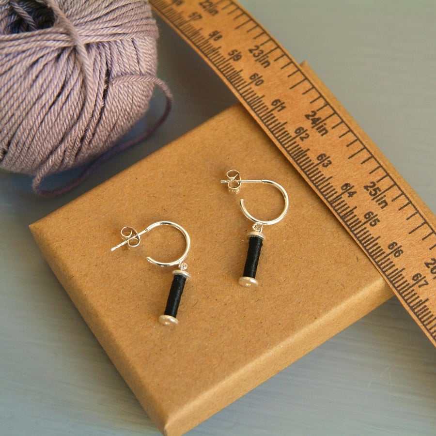 Sewing Earrings, Mini Bobbin Silver Hoop Earrings, Silver & Cotton Earrings