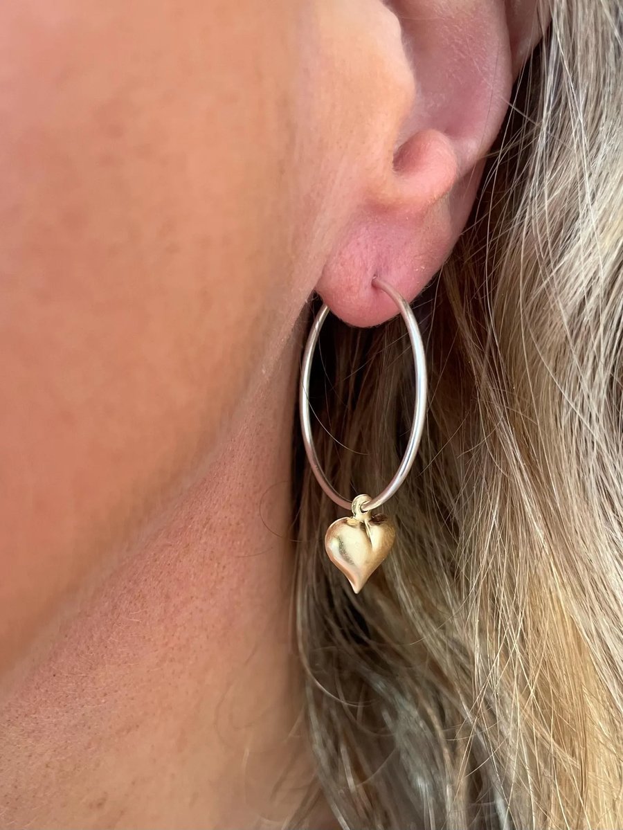 Gold Heart Charm Sterling Silver Hoop Earrings 