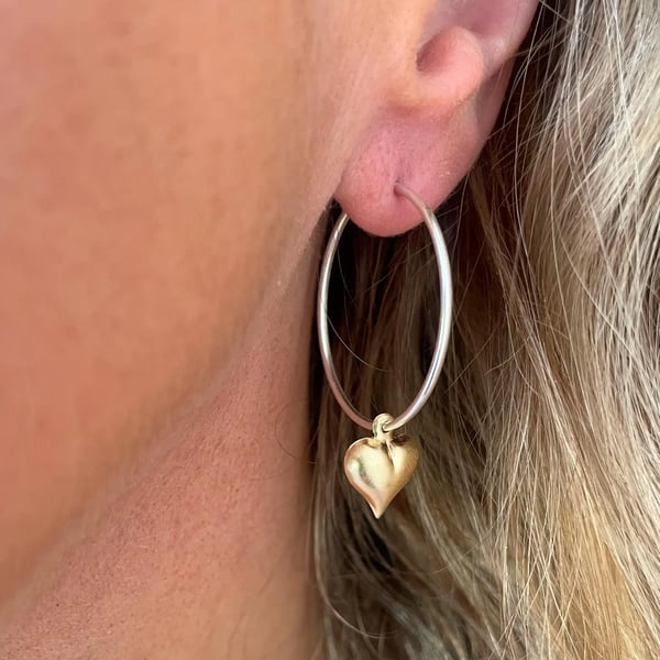 Gold Heart Charm Sterling Silver Hoop Earrings 