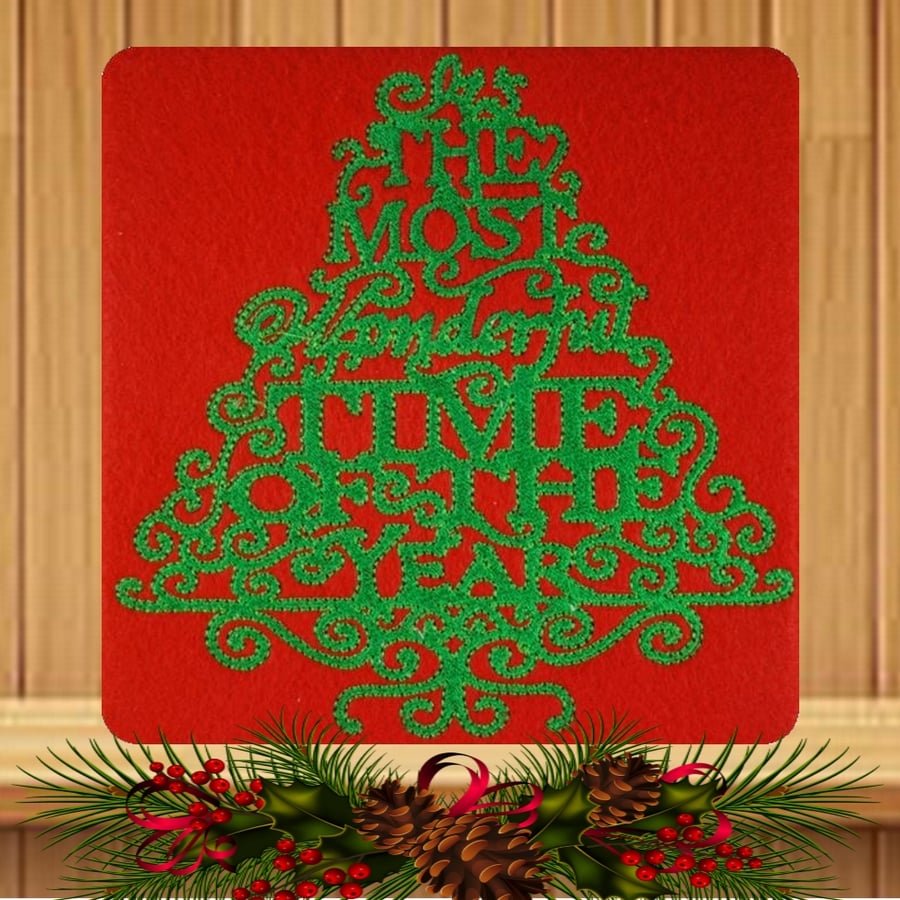 Handmade Most Wonderful Time of the Year Christmas card embroidered design 