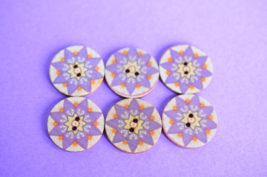 Wooden Mandala Patterned Buttons Purple Flower 6pk 25mm (M11)