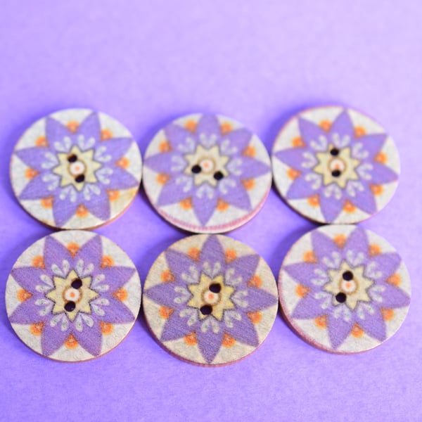 Wooden Mandala Patterned Buttons Purple Flower 6pk 25mm (M11)