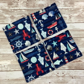 Seaside huts coaster set, Nautical fabric coaster set of 4, Handmade