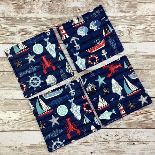 Seaside huts coaster set, Nautical fabric coaster set of 4, Handmade