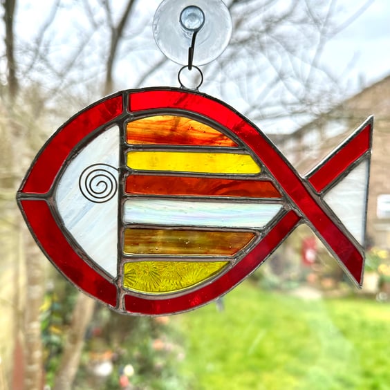 Stained Glass Striped Fish Suncatcher - Window Decoration - Red Multi