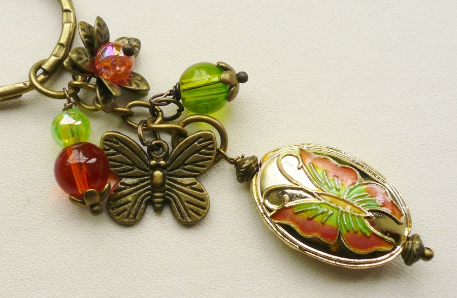 Green and Orange Antique Bronze Cloisonne Butterfly Glass Bead Keyring   KCJ1442