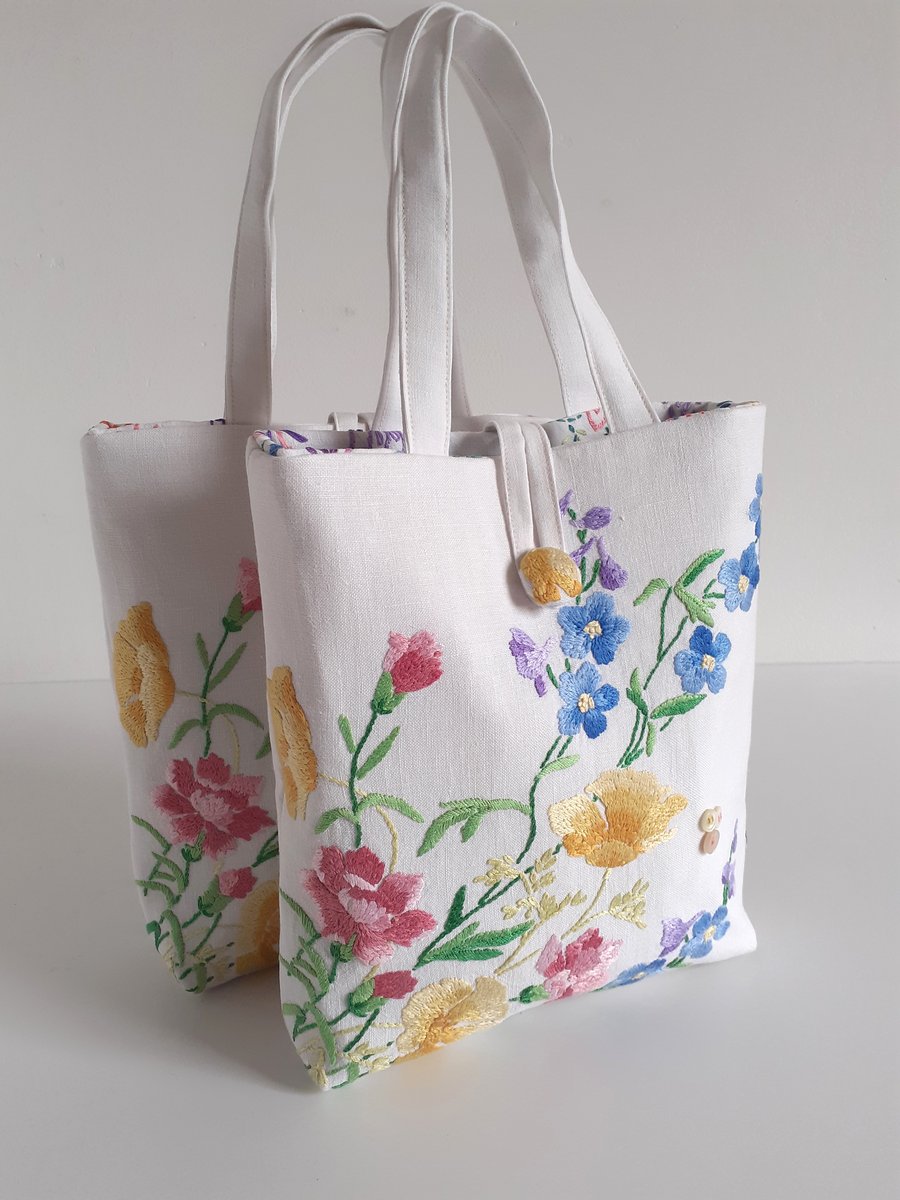 Little bucket bag or handbag upcycled from floral vintage embroidery