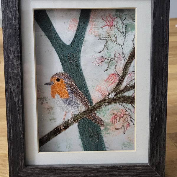 Machine Embrodered Robin on Appliqued Branch