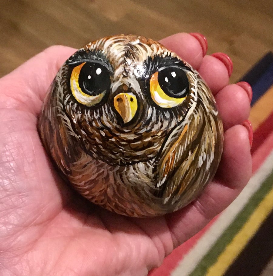 Owl hand painted pebble garden rock art pet stone portrait 