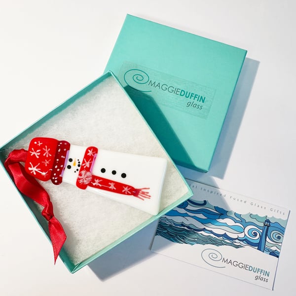 Snowman Tree Decoration-Red-Fused Glass