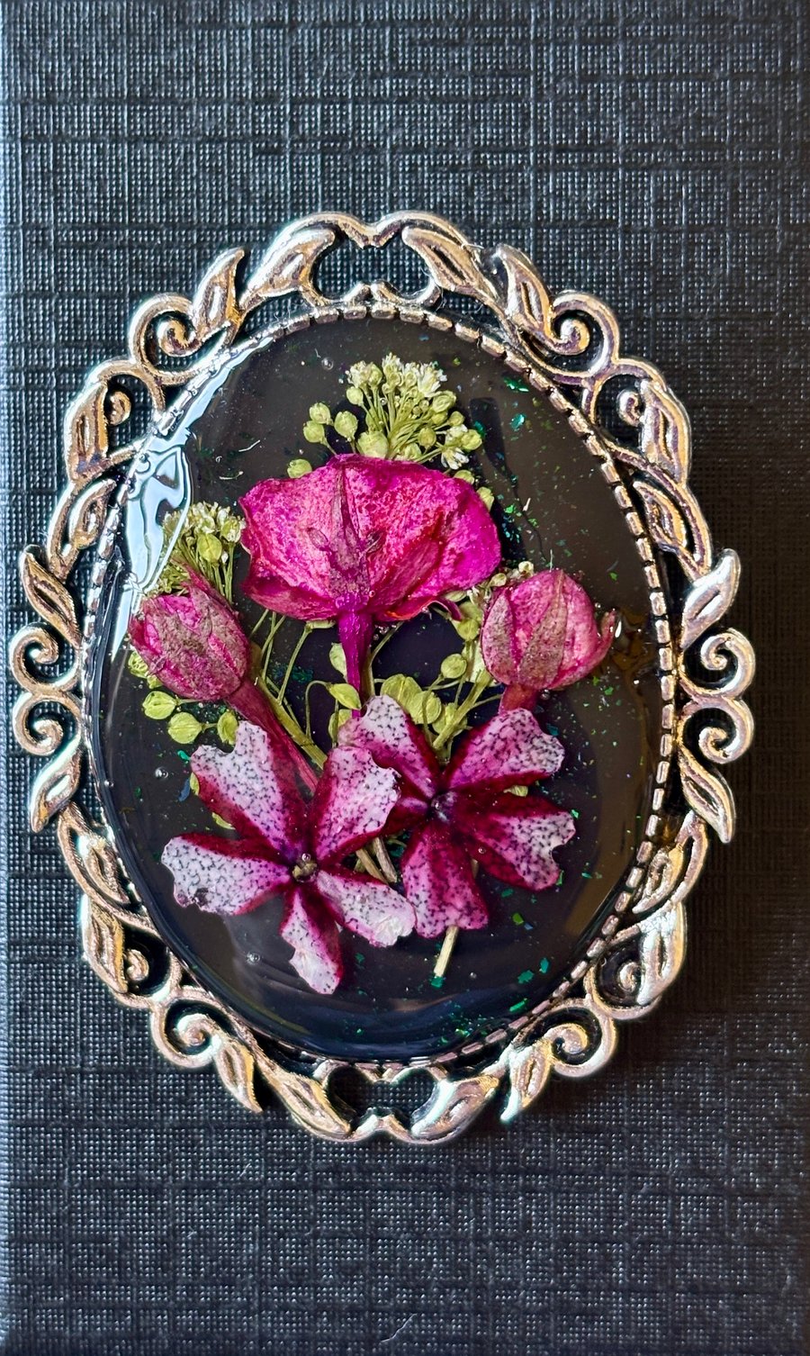 Handmade Real Dried Flowers In Resin Brooch On Silver Coloured Back